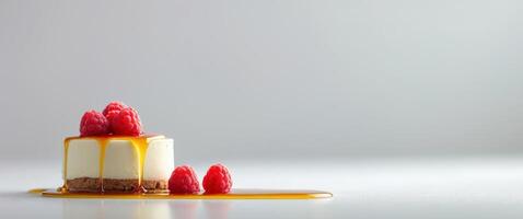 A dessert with a raspberry topping and a drizzle of honey. photo