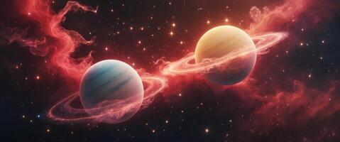 Two glowing planets engulfed in red nebula clouds with stars in the background. photo