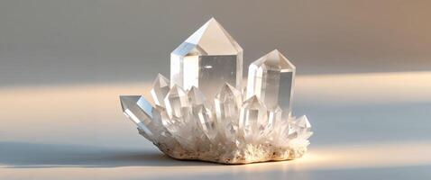 Elegant Cluster of Clear Quartz Crystals Under Sunlight Displaying Sharp Edges. photo