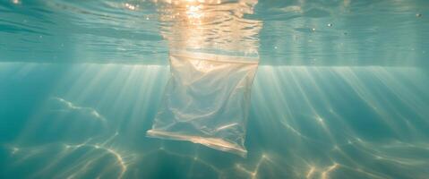 Underwater view of a plastic bag with light rays penetrating through ocean water photo