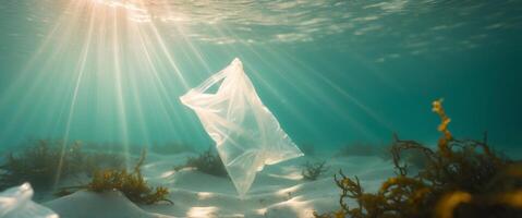 Underwater view of a plastic bag with light rays penetrating through ocean waters photo