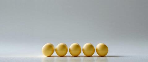 Four yellow pills are lined up on a white surface. photo