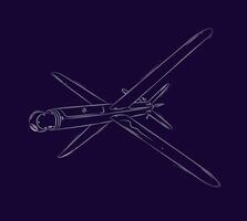 Military FPV drone with camera and wings drawn in white on blue background vector