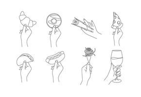Hand holding food croissant, doughnut, sushi, pizza, taco, hot dog, spaghetti, wine drawing in linear style on white background vector