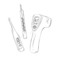Thermometer different types regular, contactless, electronic composition for medical purposes drawing in graphic style on white background vector