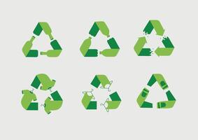 Waste, plastic, clothes recycling symbols drawing with green on white background. vector