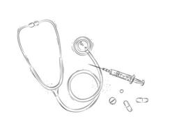 Stethoscope, syringe and pills composition for medical purposes drawing in graphic style on white background vector