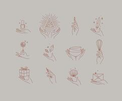 Hands with elements nail polish, pizza, pen, ink, feather, dandelion, crystal, bowl, dishes, whisk, box, pencil, seashell, envelope drawing in linear style on beige background vector
