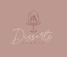 Cakes on a stand with flowers lettering desserts studio drawing on peach color background. vector