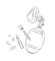 Ambu bag, pipette and pills composition drawing in graphic style on white background vector