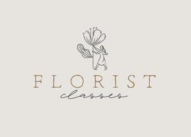 Girl with big flower lettering florist classes drawing on beige background vector