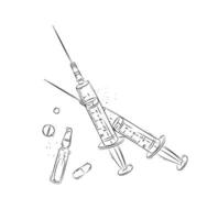 Syringe, ampoules and pills composition drawing in graphic style on white background vector