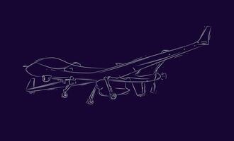 Large airborne reconnaissance armed drone drawn in white on blue background vector