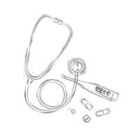 Stethoscope, electronic thermometer and pills composition for medical purposes drawing in graphic style on white background vector