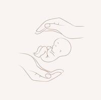 Hands holding newborn child label drawing on beige background vector
