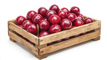 Crate filled with fresh red cherries displaying glossy texture in a rustic wooden container photo