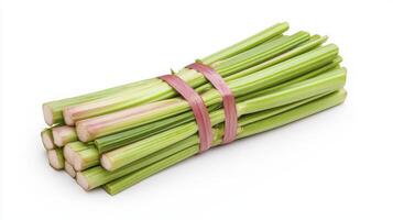 Freshly harvested rhubarb stalks bundled with a pink ribbon on a clean background for culinary inspiration and healthy cooking photo