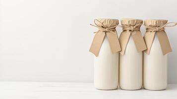 Three vintage glass bottles of fresh milk with burlap covers arranged on a white wooden surface photo