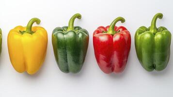 Colorful fresh bell peppers in vibrant hues of red, green, yellow, and orange arranged on a clean white background photo