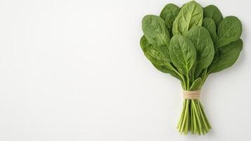 Fresh bundle of vibrant green spinach leaves tied together on a light background showcasing healthy nutrition photo