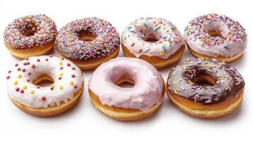 Display of assorted donuts with vibrant sprinkles and delicious glazes on a bright background photo