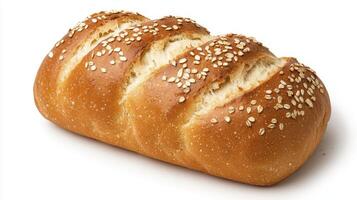 Freshly baked golden loaf of bread sprinkled with oats showcasing artisanal craftsmanship and delicious texture photo