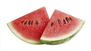 Freshly cut watermelon slices displaying vibrant red flesh and dark seeds on a clean white background photo