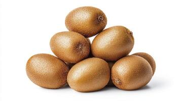 Fresh pile of golden-brown kiwifruits against a clean white backdrop showcasing natural texture and freshness photo