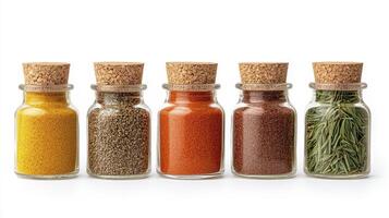 Colorful collection of glass jars filled with vibrant spices and herbs topped with cork stoppers on white background photo
