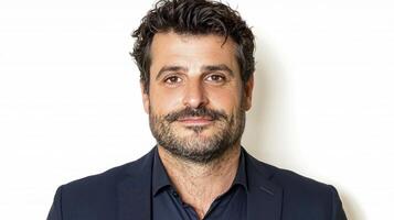 Confident man with short dark hair and beard in dark suit smiling against a clean white background photo