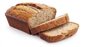 Freshly baked banana bread with golden crust and soft interior on a clean background ready for serving or enjoying photo