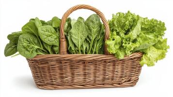 Wicker basket overflowing with fresh leafy vegetables including vibrant spinach and crisp lettuce photo
