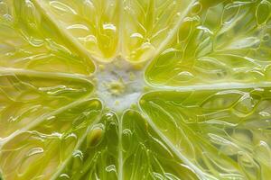 Macro closeup of lime slice showing internal structure and water drops photo