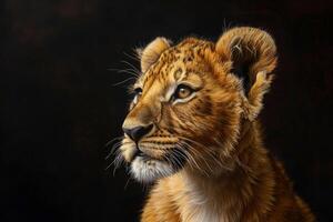 Lion cub looking up on dark background photo