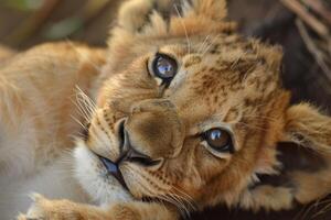 Adorable lion cub relaxing and enjoying the warm sunlight photo