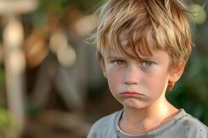 Sad child with dirty face expressing negative emotions photo