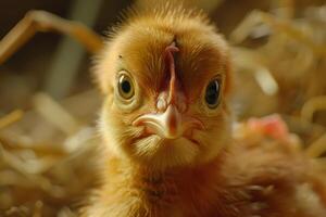 Close up of newborn chick resting in straw nest photo