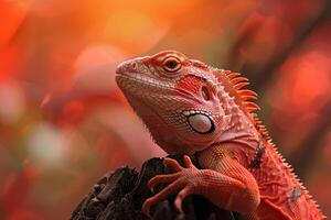 Red iguana resting on a branch with orange bokeh background photo