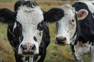 Portrait of two black and white cows standing in a field photo