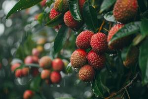 Fresh lychee fruits ripening on the tree in the rain photo