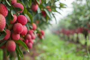 Ripe lychees hanging from a tree in an orchard photo
