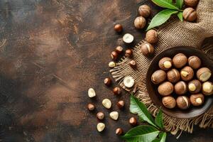 Macadamia nuts displayed on a rustic plate with leaves and burlap photo