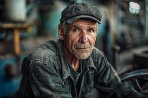 Senior factory worker wearing a cap and dirty clothes is posing in his workshop photo