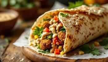A wrap with meatballs and vegetables on a wooden table photo