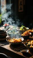 A table with many bowls of food photo