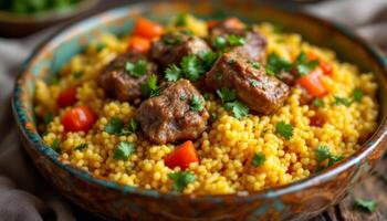 Moroccan couscous with meat and vegetables photo