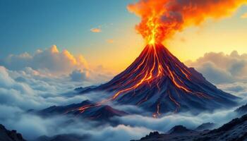 Volcano erupting in the sky with smoke and lava photo