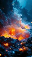 A lava flow is shown in the dark with orange and yellow flames photo