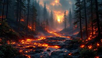 A river flowing through a forest with lava and trees photo