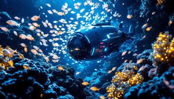 Underwater diving with a submarine and fish photo